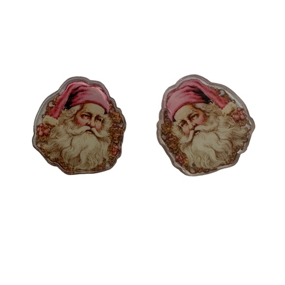 Pink Set of 3 Christmas Holiday Stud Acrylic Handmade Santa Tree Earrings NEW - Picture 5 of 7